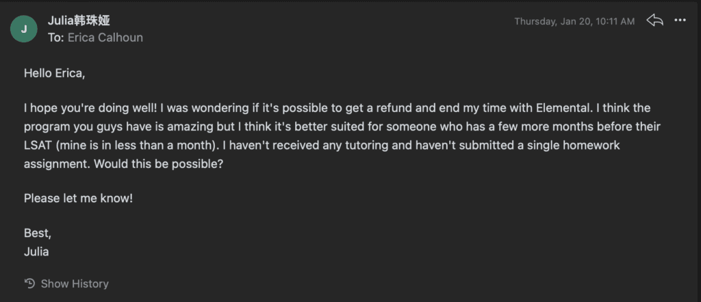 Screenshots of Julia's emails to Ellen asking to quit, and Ellen talking her off the ledge